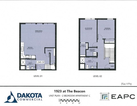 Floor plan for 2 beds, 2 baths, 1345 sqft